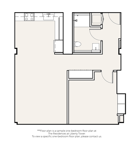 A floor plan of a one-bedroom apartment at The Residences at Liberty Tower.